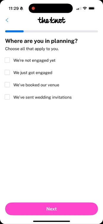 A multi-select question asking where the user is in their wedding planning, with options like &ldquo;we&rsquo;ve booked our venue&rdquo; and &ldquo;we&rsquo;ve sent wedding invitations&rdquo; that can contradict each other.